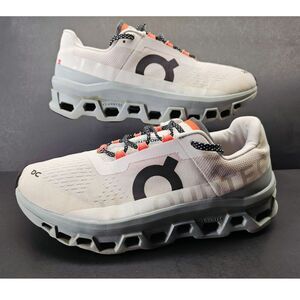 On Running Cloudmonster Men’s Athletic Shoes - White, Gray, Coral Accent